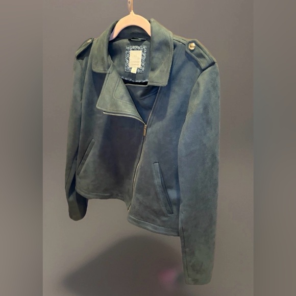 LC Lauren Conrad Dusty Green Faux Suede Front Zip Soft Moto Jacket Medium - Picture 9 of 11